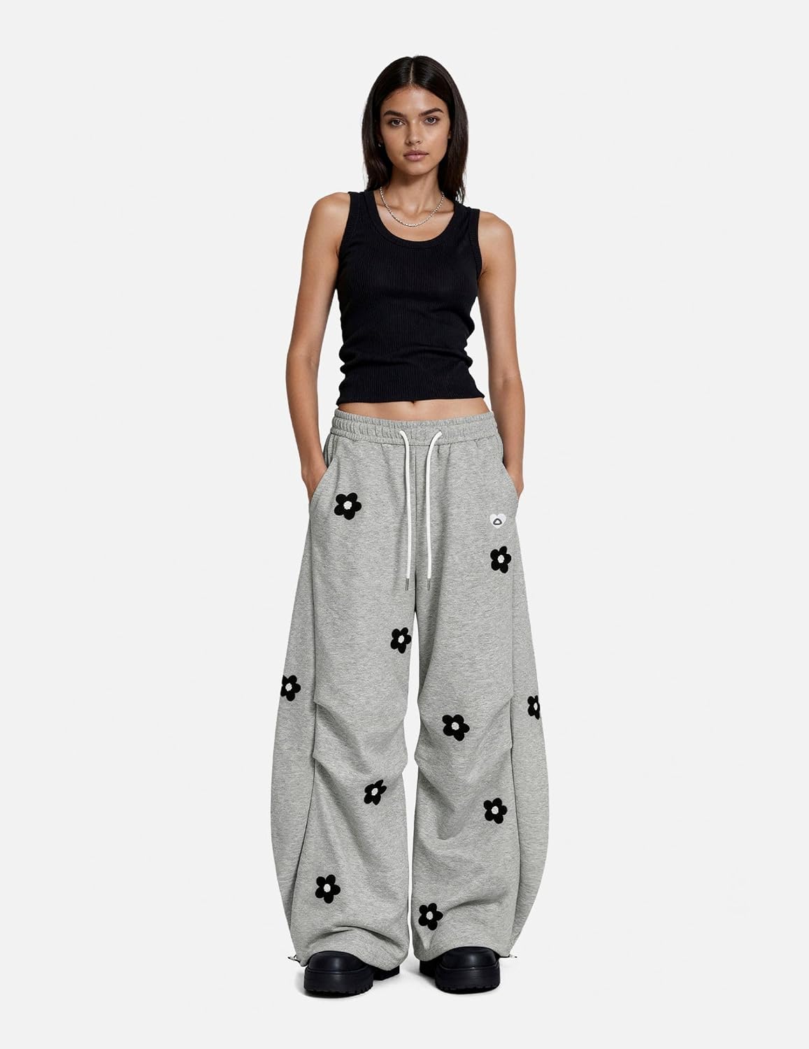 Aelfric Eden Baggy Wide Leg Sweatpants Flower Embroidery Casual Y2K Elastic Drawstring Lantern Barrel Lounge Trouser Pants