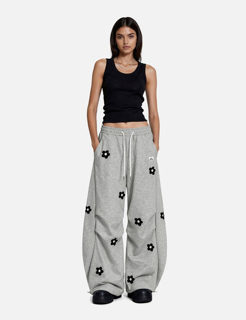 Aelfric Eden Baggy Wide Leg Sweatpants Flower Embroidery Casual Y2K Elastic Drawstring Lantern Barrel Lounge Trouser Pants