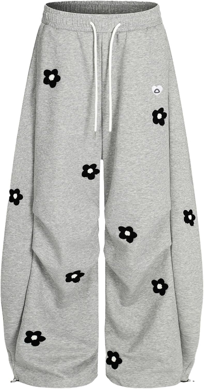 Aelfric Eden Baggy Wide Leg Sweatpants Flower Embroidery Casual Y2K Elastic Drawstring Lantern Barrel Lounge Trouser Pants