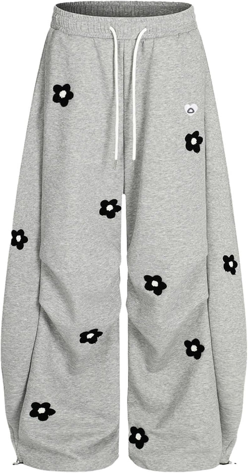 Aelfric Eden Baggy Wide Leg Sweatpants Flower Embroidery Casual Y2K Elastic Drawstring Lantern Barrel Lounge Trouser Pants