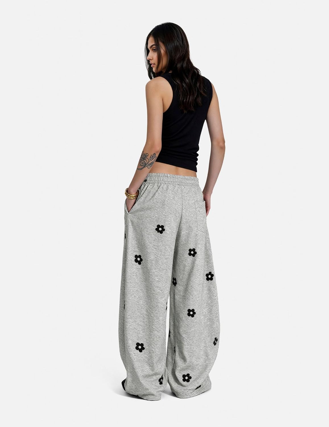 Aelfric Eden Baggy Wide Leg Sweatpants Flower Embroidery Casual Y2K Elastic Drawstring Lantern Barrel Lounge Trouser Pants